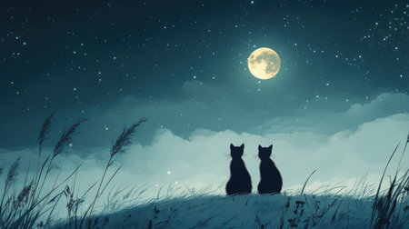 Two black cats sit on a grassy hill, gazing up at a glowing full moon amidst a starry sky. This serene night scene captures the essence of tranquility and companionship.の素材