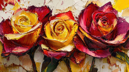 A stunning impressionist painting features vivid yellow and red roses, showcasing bold brushstrokes and a textured background, perfect for enhancing any space.の素材