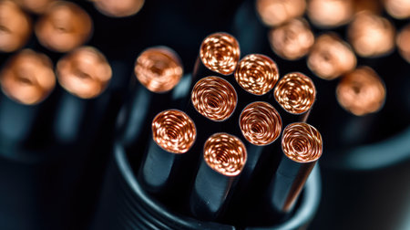 A detailed close-up shot of copper wires with black insulation, showcasing intricate coil patterns and textures. Perfect for electrical and industrial themes.の素材
