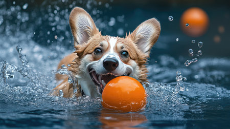 A spirited corgi dog joyfully swims through sparkling water while grasping an orange ball, embodying the playful essence of outdoor fun and companionship.の素材