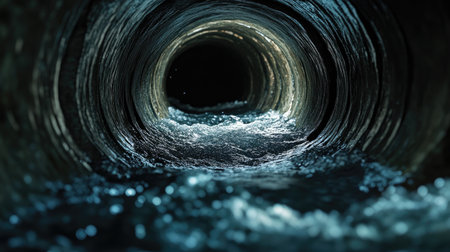 A captivating view inside a dark pipe tunnel with flowing water, showcasing ripples and dynamic textures, evoking mystery and exploration themes in urban environments.の素材