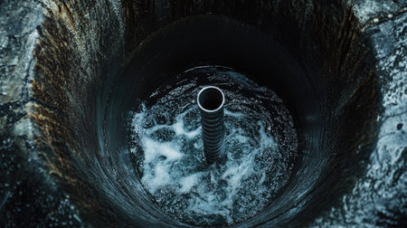 This image captures the dynamic movement of water in a deep well, featuring a central metal pipe amid damp stone walls, evoking a mysterious and natural environment.の素材