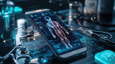 This image features a smartphone displaying detailed human anatomy graphics, surrounded by medical equipment, showcasing the intersection of technology and healthcare.の素材