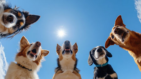 This captivating image showcases five joyful dogs gazing up at the sun against a clear blue sky. Their playful expressions radiate happiness and camaraderie, making it a perfect representation of the bond between pets and their environment.の素材