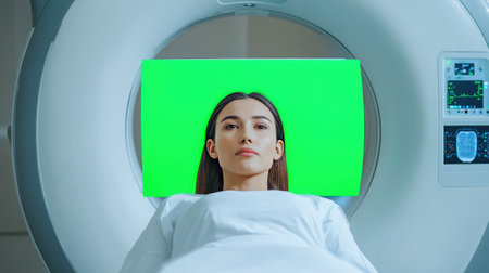 A young woman lies calmly in a medical imaging machine, illustrating the advanced technology in a healthcare setting, with a vibrant green screen above her.の素材