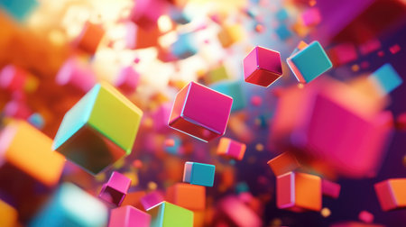 This dynamic image features vibrant colorful cubes floating in an abstract background, creating a cheerful and playful atmosphere with stunning light effects.の素材