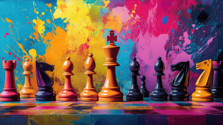 A striking chessboard featuring vivid, colorful pieces set against a lively abstract background. Perfect for illustrating themes of strategy, creativity, and competition.の素材