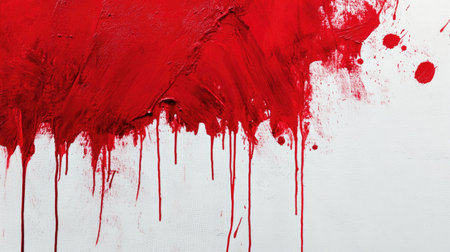 This image features a striking abstract representation of red paint on a white canvas, showcasing dynamic drips and splashes that evoke emotion and creativity.の素材