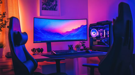 A sleek gaming workspace featuring a curved monitor, ergonomic chair, and vibrant LED lighting creating a cozy atmosphere perfect for productivity and leisure.の素材