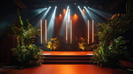 A captivating stage setup featuring vibrant spotlights and lush greenery creates an inviting atmosphere perfect for performances and events.の素材