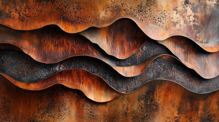 This abstract metal artwork displays intricate waves and textures with rusty brown and orange tones, evoking an industrial yet artistic aesthetic.の素材