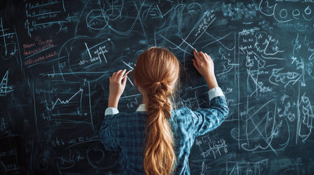 A young student with long hair focuses intently on complex mathematical equations written on a chalkboard, embodying the spirit of learning and exploration.の素材