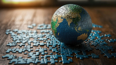 A colorful globe made of puzzle pieces sits on a rustic wooden surface, symbolizing the complexities of global unity and the interconnectedness of our world.の素材