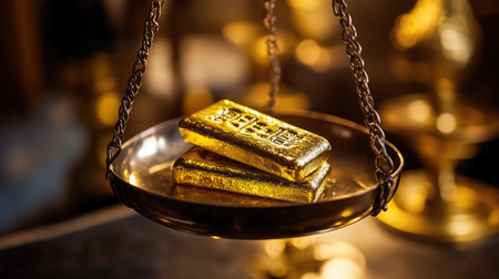 A close-up photograph showcasing two gold bars placed on an antique scale. The soft light highlights the shine of the gold, creating an atmosphere of luxury and wealth.の素材