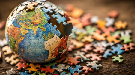 This captivating image features a colorful globe made of puzzle pieces, partially assembled on a wooden surface, symbolizing global unity and diversity.の素材