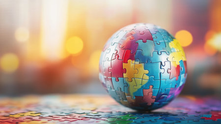 A striking globe made of colorful puzzle pieces symbolizes unity and diversity, set against a blurred background with a vibrant bokeh effect.の素材