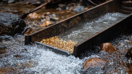 A picturesque scene depicting a gold pan in a flowing stream, showcasing sparkling nuggets and clear water, surrounded by beautiful rocky terrain.の素材