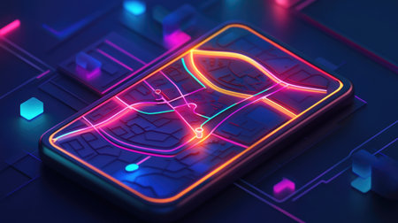 This captivating image showcases a futuristic digital city map displayed on a smartphone screen, illuminated by neon colors, symbolizing modern navigation technology.の素材