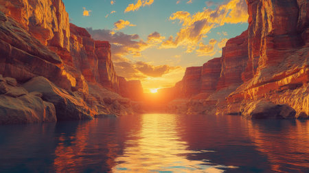 A breathtaking sunset casts vibrant colors over canyon lake, illuminating the rocky formations and creating a serene atmosphere in nature's beauty.の素材