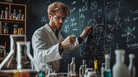 A focused scientist in a laboratory writes complex formulas on a chalkboard while surrounded by various glassware and chemical solutions, symbolizing innovative research.の素材