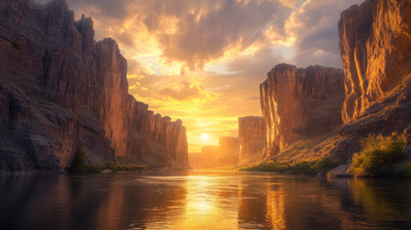 A breathtaking view of a serene river flowing through towering cliffs during a vibrant sunset. The warm colors enhance the natural beauty of this tranquil canyon landscape, perfect for nature lovers and adventure enthusiasts.の素材