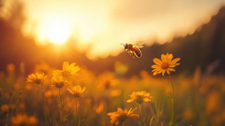 A stunning image of a bee gracefully hovering over yellow flowers during a golden sunset, showcasing the beauty of nature and the importance of pollination.の素材
