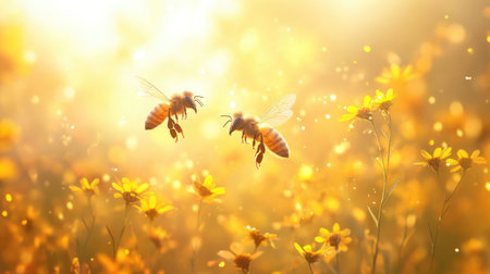 Two bees delicately hover above a field of bright yellow flowers, illuminated by golden sunlight, creating a serene and vibrant nature scene that celebrates the beauty of life.の素材