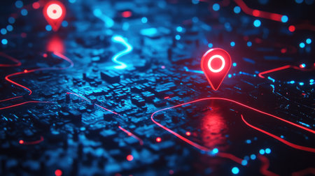 This captivating digital artwork features a futuristic map illuminated with neon markers and glowing pathways, representing navigation technology and connectivity.の素材