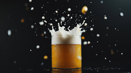 This striking image showcases a refreshing craft beer splashing dramatically in a glass, highlighting the delicate foam and droplets against a dark backdrop.の素材