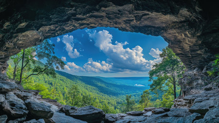 Stunning view from a cave entrance shows a vibrant green valley framed by rocky formations, with a brilliant sky and fluffy white clouds above.の素材