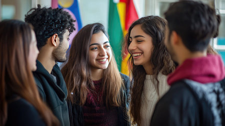 A vibrant scene showing a diverse group of young adults engaged in a joyful conversation, radiating warmth and friendship against a lively backdrop.の素材