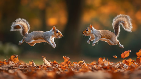 Two playful squirrels leap through a carpet of autumn leaves, capturing the essence of nature's vibrant colors and energetic wildlife.の素材