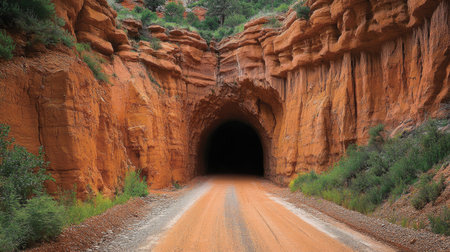 A captivating view of a desert tunnel framed by striking red rock formations and lush greenery, inviting exploration along a dusty path.の素材