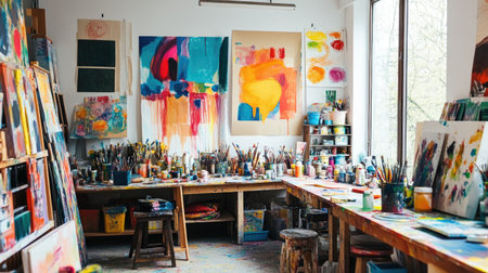 A vibrant and inspiring art studio filled with colorful artworks, brushes, and paints, showcasing the creative chaos of the artistic process.の素材
