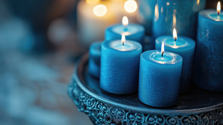 This captivating image showcases a charming arrangement of blue candles arranged on a decorative silver tray, exuding warmth and tranquility.の素材