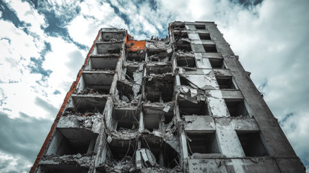 This dramatic image showcases an abandoned building with crumbling walls, set against a backdrop of dark, cloudy skies, evoking a sense of decay and neglect.の素材