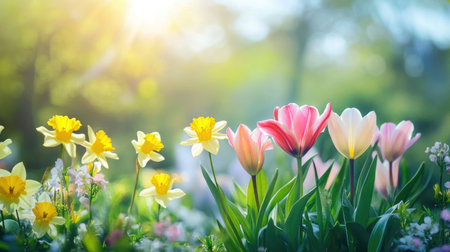 This image captures a vibrant spring garden scene featuring colorful tulips and cheerful daffodils bathed in soft sunlight, creating a serene atmosphere.の素材