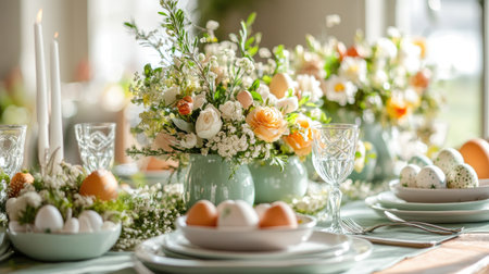 A stunning Easter table setting featuring beautiful floral arrangements in pastel colors, elegantly designed dinnerware, and decorated eggs. Perfect for spring gatherings and celebrations, this setup creates a joyful atmosphere and showcases creative decoration ideas. Ideal for inspiring event planning and festive occasions.の素材