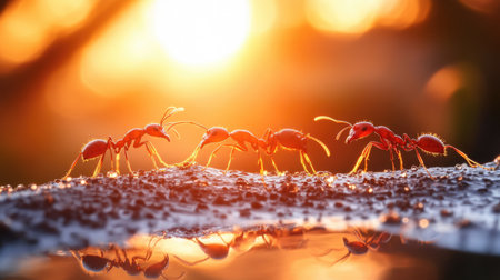 A stunning close-up captures red ants in motion on a surface at sunset, with dew drops enhancing the magical scene and showcasing nature's beauty.の素材