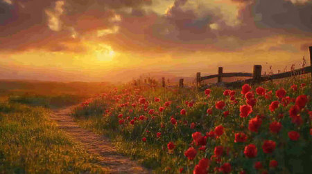 A captivating sunset casts a warm glow over a field of vibrant red poppies, complemented by a rustic wooden fence and a winding pathway, evoking peace.の素材