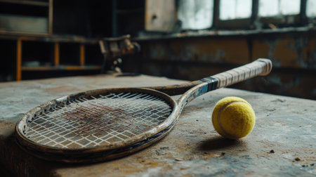 This image captures a vintage tennis racket and a yellow ball resting on a dusty old table in an abandoned indoor space, exuding a nostalgic feel.の素材