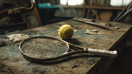 An evocative scene featuring a vintage tennis racket and ball resting on a dusty table in an abandoned room, showcasing a sense of nostalgia and rustic charm.の素材