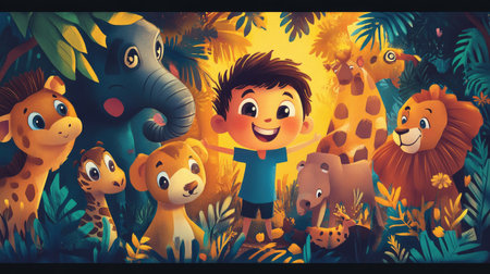 A cheerful child stands amidst enchanting cartoon animals in a vibrant jungle, embodying fun and friendship in a magical outdoor adventure.の素材