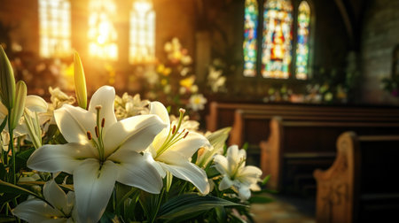 A serene interior of a church featuring beautiful white lilies in the foreground, illuminated by warm sunlight and surrounded by colorful stained glass windows.の素材