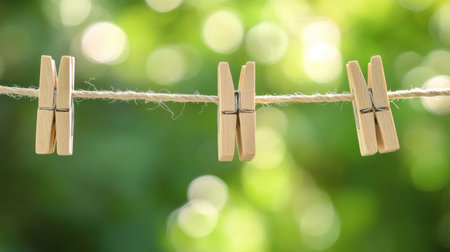 A serene image featuring wooden clothespins hanging on a rustic twine against a softly blurred green background. Perfect for themes related to nature, simplicity, and domestic activities.の素材