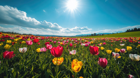 A stunning view of a vibrant tulip field showcasing a variety of colors, basking in bright sunlight beneath a clear blue sky with fluffy clouds.の素材