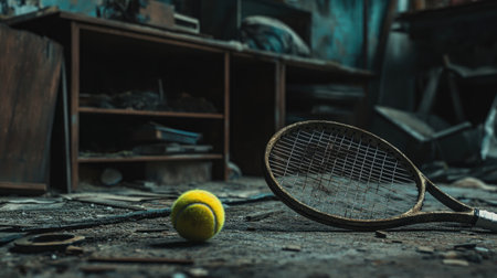 An abandoned room features a weathered tennis racket and a ball lying on a dusty floor among debris and old furniture, evoking a sense of nostalgia.の素材