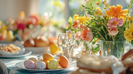 A beautifully arranged spring celebration table featuring vibrant flowers, decorative eggs, and delicious treats, set for an inviting Easter feast.の素材