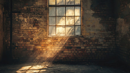 This image captures a sunbeam streaming through a dusty window in an abandoned industrial building, highlighting the rustic beauty of aged brick walls.の素材