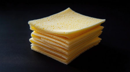 A stack of soft yellow kitchen sponges displayed on a black background, ideal for promoting household cleaning products and sanitation tools.の素材